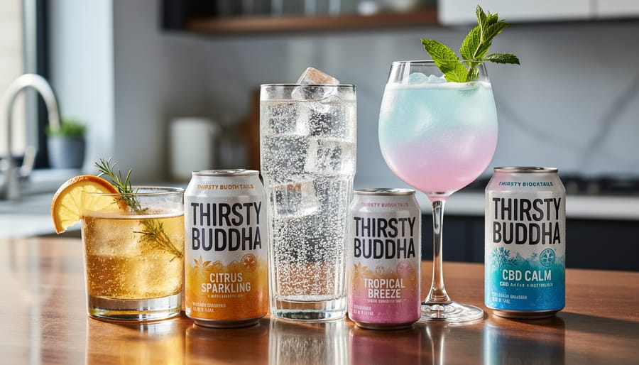A trio of effervescent cocktail and mocktail glasses on a marble bar counter with citrus garnishes.
