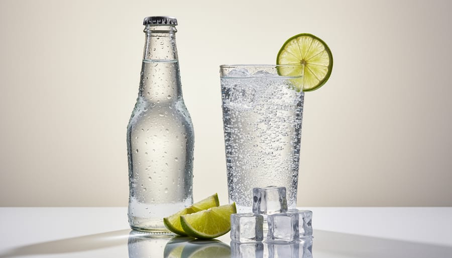 Chilled bottle of Mexican sparkling water next to a clear highball glass with visible bubbles and condensation