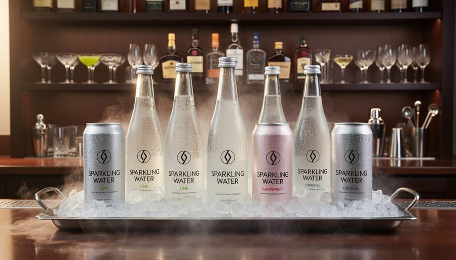 Chilled tall cans of sparkling water on a home bar counter with ice bucket and bar tools nearby