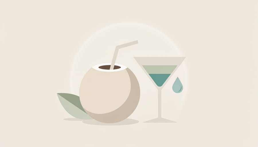 Still life of coconut half and a frosted glass of sparkling coconut water with subtle hemp-inspired elements on a wooden table.