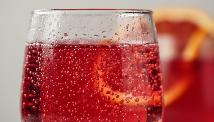 Chilled blood orange sparkling water poured into a glass showing vibrant crimson bubbles.
