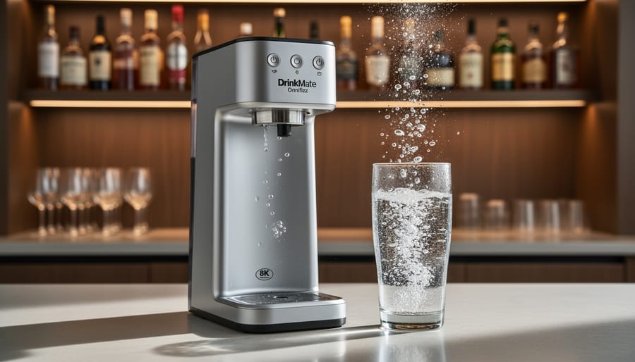 Drinkmate Omnifizz sparkling water maker on a home bar counter with a glass of sparkling water
