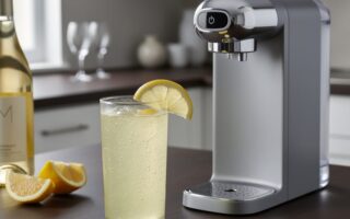 A countertop sparkling water maker carbonates a citrus spritzer in a clear glass, with lemon wedges and a wine bottle nearby on a dark kitchen bar.