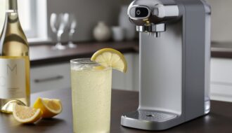 A countertop sparkling water maker carbonates a citrus spritzer in a clear glass, with lemon wedges and a wine bottle nearby on a dark kitchen bar.