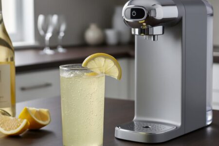 A countertop sparkling water maker carbonates a citrus spritzer in a clear glass, with lemon wedges and a wine bottle nearby on a dark kitchen bar.