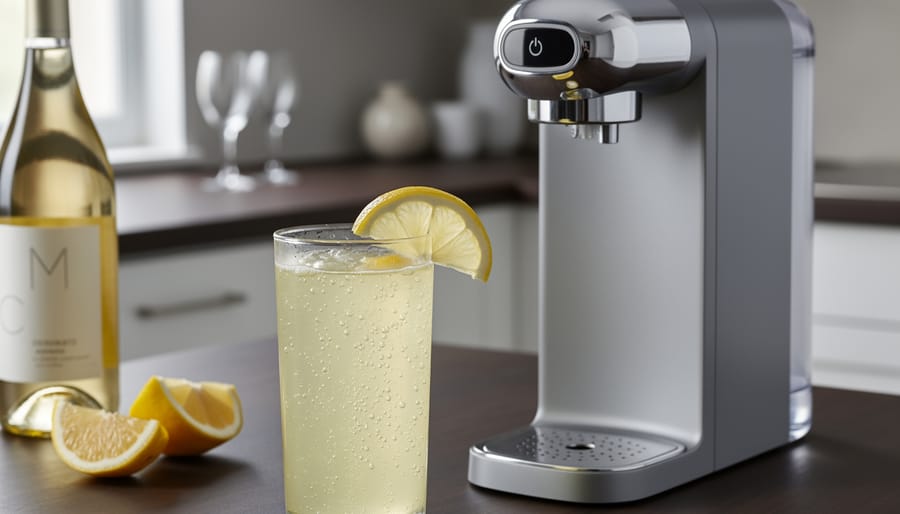A countertop sparkling water maker carbonates a citrus spritzer in a clear glass, with lemon wedges and a wine bottle nearby on a dark kitchen bar.