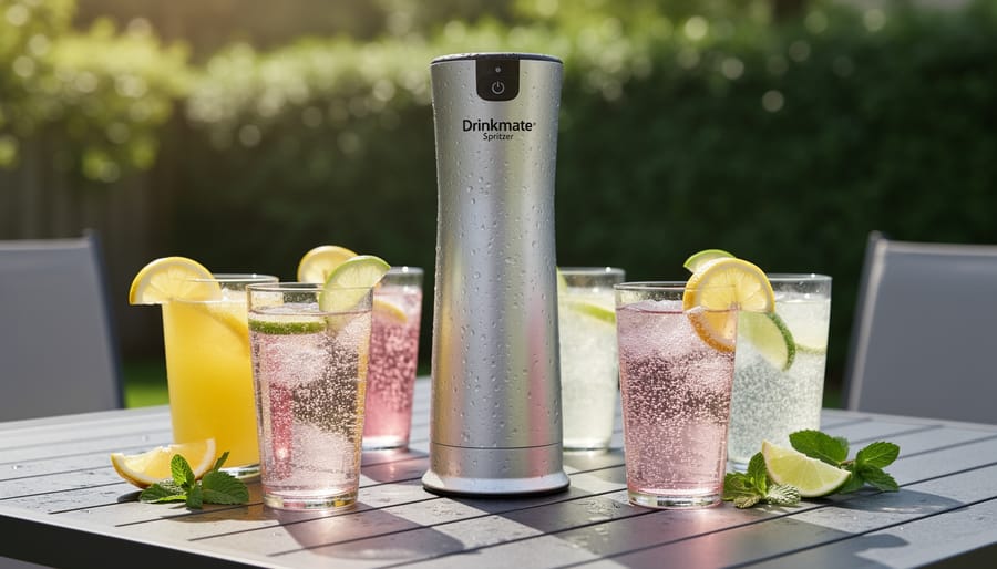 Drinkmate Spritzer portable sparkling water maker on a patio table with bottles and sparkling drinks