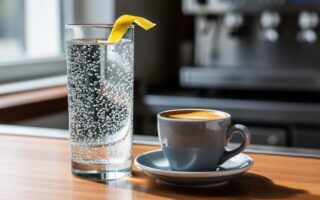 Close-up of a small espresso cup with crema beside a tall glass of sparkling water with visible bubbles in a Canadian café.