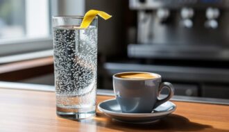 Close-up of a small espresso cup with crema beside a tall glass of sparkling water with visible bubbles in a Canadian café.
