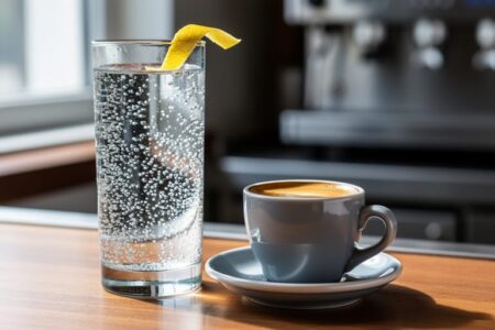 Close-up of a small espresso cup with crema beside a tall glass of sparkling water with visible bubbles in a Canadian café.