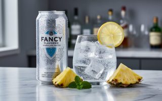 Chilled fancy sparkling water can and a vodka soda mocktail in a clear glass on a marble bar with fruit slices and condensation.