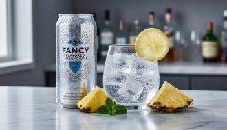 Chilled fancy sparkling water can and a vodka soda mocktail in a clear glass on a marble bar with fruit slices and condensation.