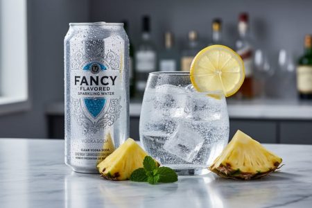 Chilled fancy sparkling water can and a vodka soda mocktail in a clear glass on a marble bar with fruit slices and condensation.