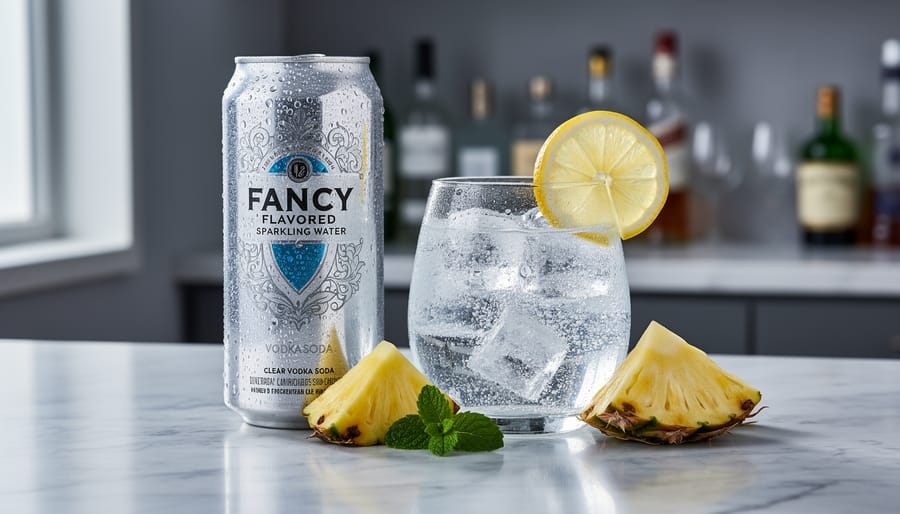 Chilled fancy sparkling water can and a vodka soda mocktail in a clear glass on a marble bar with fruit slices and condensation.