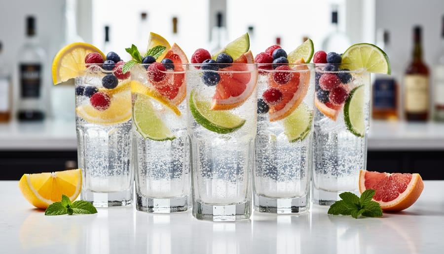 Highball glasses of sparkling water with lemon, raspberry, and pineapple garnishes and visible carbonation bubbles