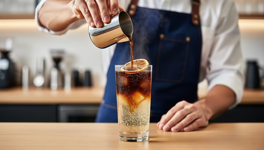Barista pouring espresso into a tonic glass with visible lemon garnish and condensation.