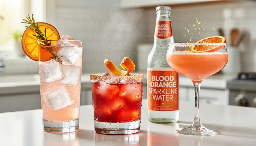 Three glasses on a home bar with blood orange sparkling water spritz, gin-style drink, and mocktail garnished with citrus and mint.
