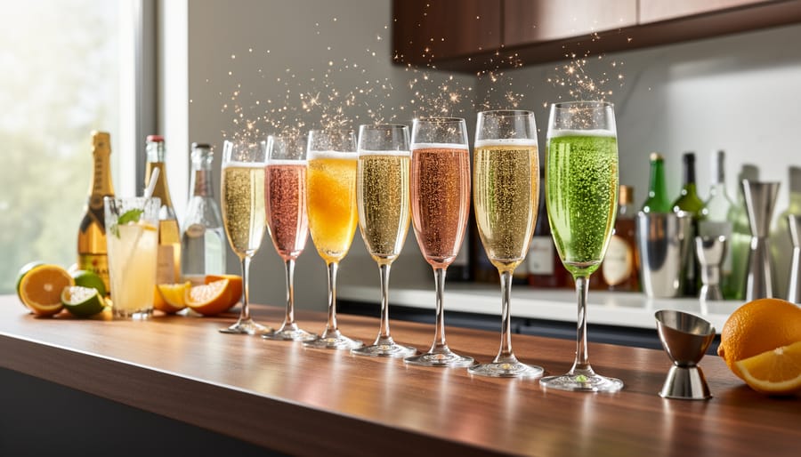 A home bar with multiple sparkling drinks in glasses showing visible bubbles