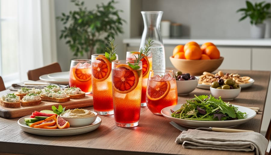 Stemmed glass with crimson sparkling blood orange water next to appetizer plates on a dining table.