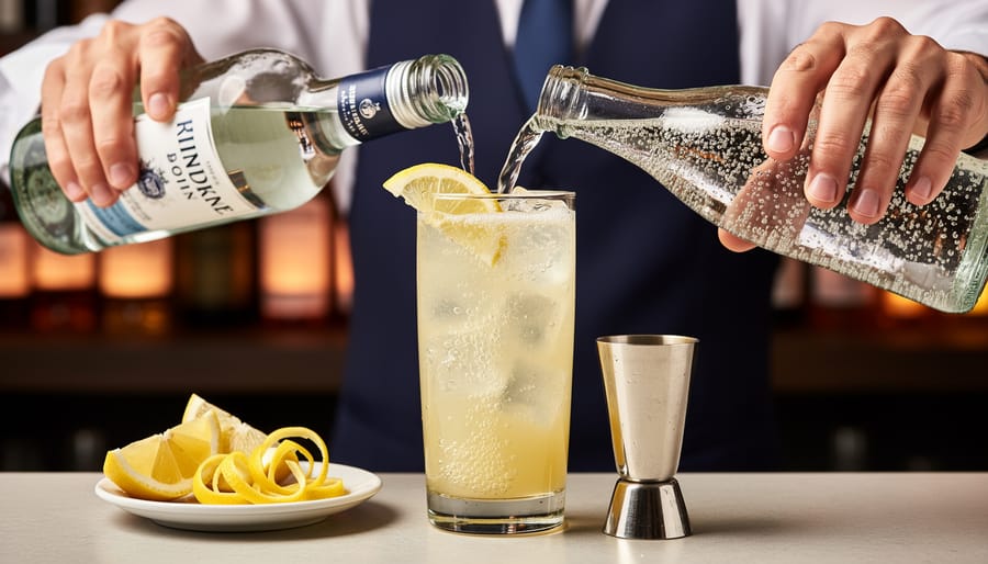 Bartender hands preparing a lemon gin cocktail with fresh lemons and sparkling bubbles in a tall glass.