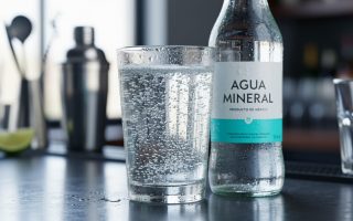 Chilled Mexican sparkling water bottle and a highball glass with visible bubbles on a dark bar countertop.