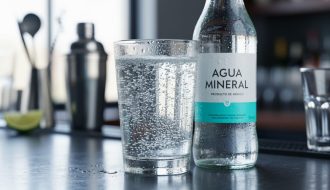 Chilled Mexican sparkling water bottle and a highball glass with visible bubbles on a dark bar countertop.