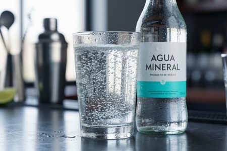 Chilled Mexican sparkling water bottle and a highball glass with visible bubbles on a dark bar countertop.