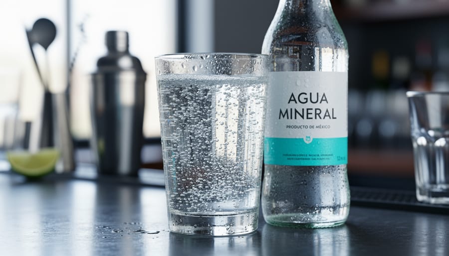 Chilled Mexican sparkling water bottle and a highball glass with visible bubbles on a dark bar countertop.