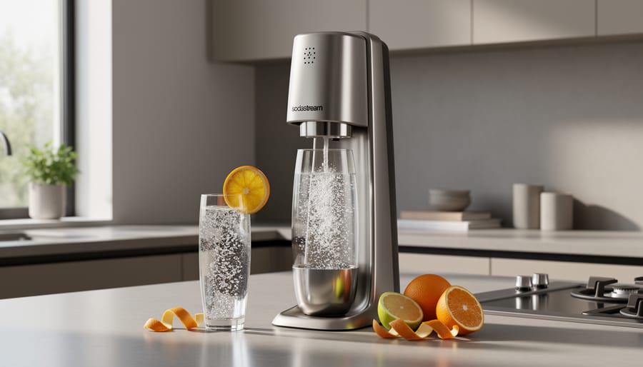SodaStream ART sparkling water maker with a glass of sparkling water and citrus garnish