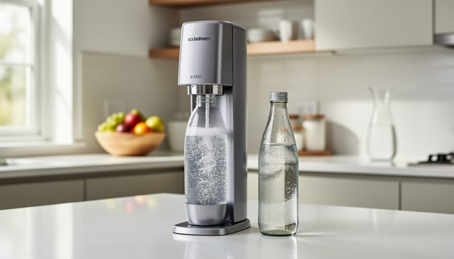 SodaStream E-DUO with two bottles, glass and plastic, filled with sparkling water