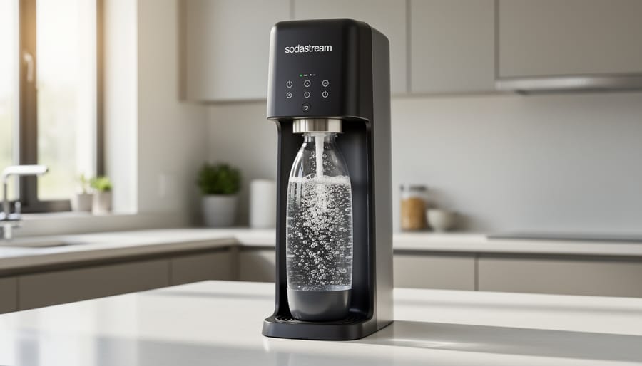 SodaStream E-TERRA with a bottle of sparkling water showing fine bubbles