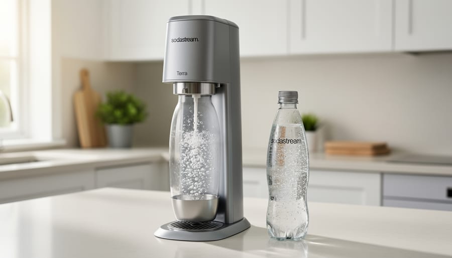 SodaStream Terra in a kitchen with a bottle of sparkling water and condensation