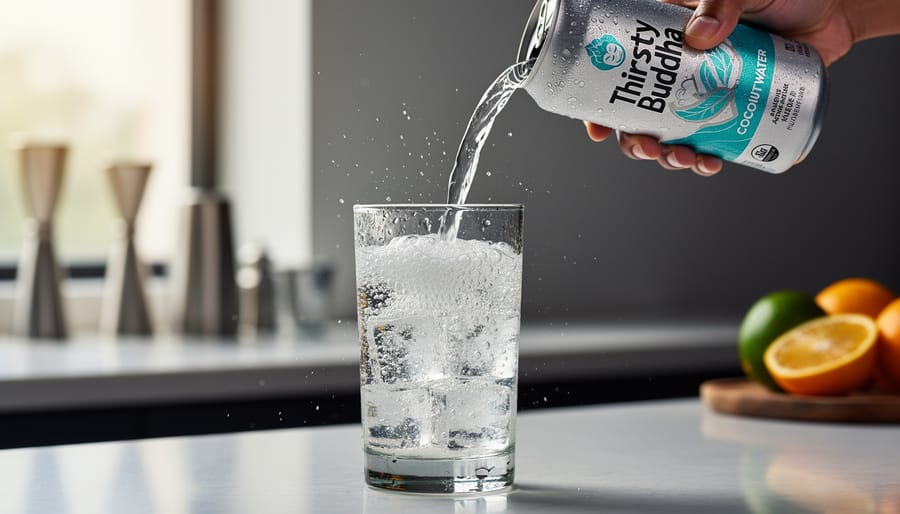 Chilled sparkling coconut water bottle next to a glass with visible bubbles and condensation on a modern bar counter.