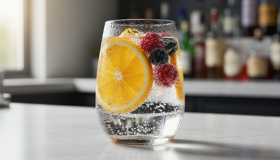Close-up of sparkling water pouring over ice in a tall glass with fresh citrus and berries.