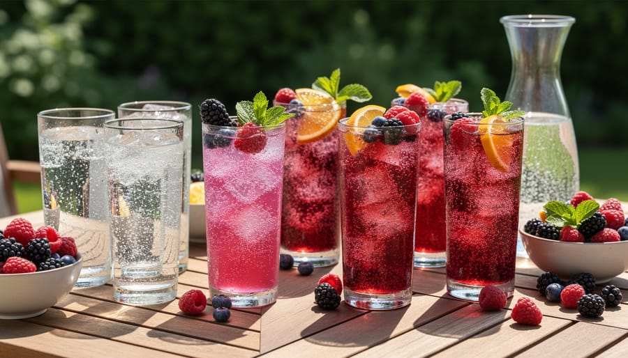 Summer patio drinks featuring berry-colored sparkling water in highball glasses and small cans on a tray.