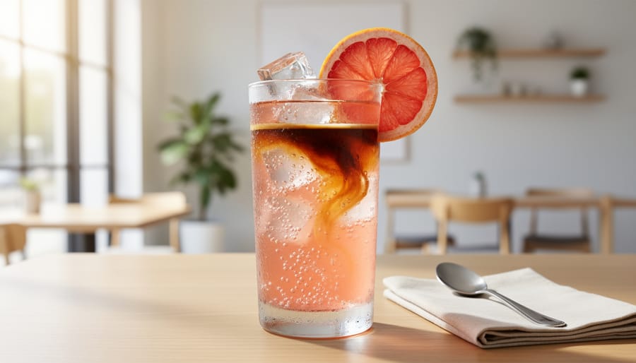 Close-up of a pink sparkling grapefruit soda with espresso in a glass, with bubbles and lemon garnish visible.