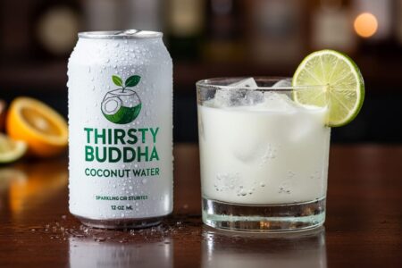 Chilled sparkling coconut water can next to a clear cocktail glass with ice, lime wedge, and visible rising bubbles.