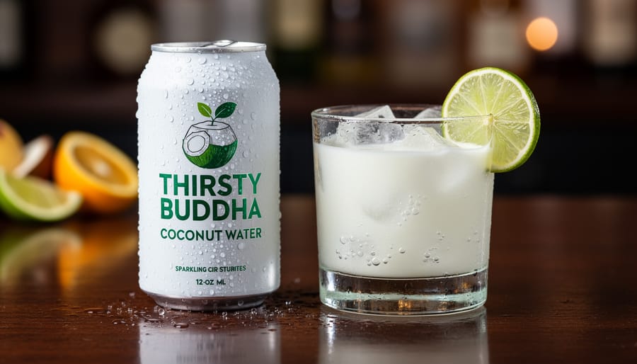 Chilled sparkling coconut water can next to a clear cocktail glass with ice, lime wedge, and visible rising bubbles.