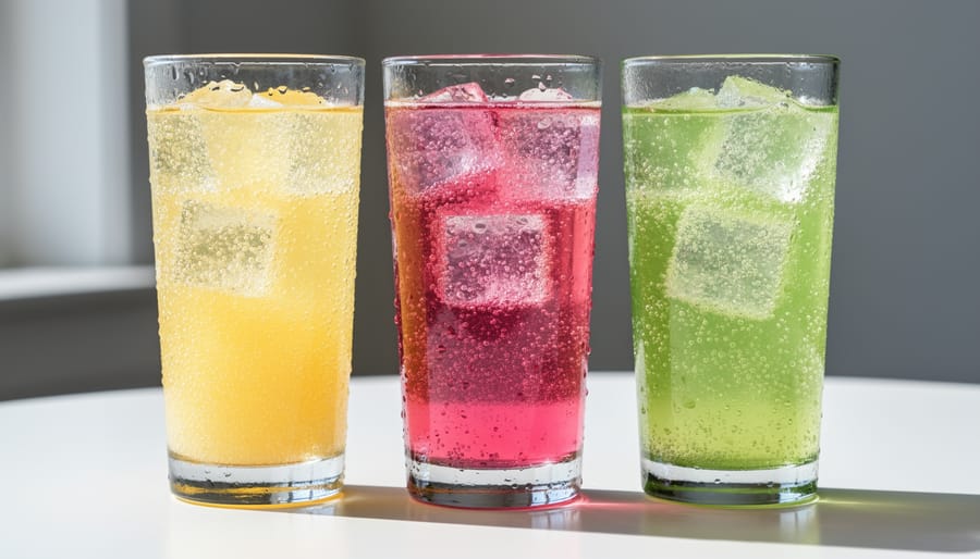 Three highball glasses showing berry, black cherry, and lemon lime bubly POP colors with ice and bubbles