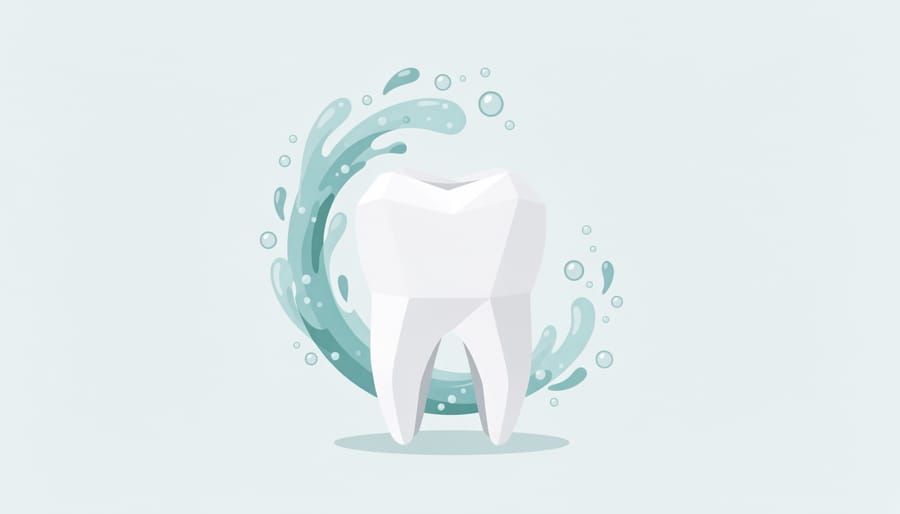 Macro conceptual image of a white tooth model with a sparkling water splash nearby.