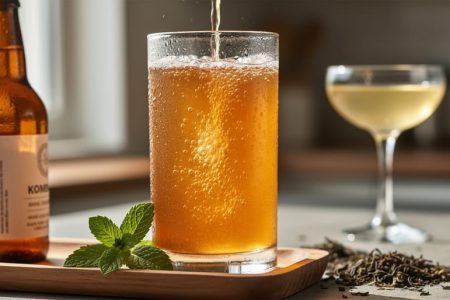 Close-up of amber kombucha in a clear glass with visible carbonation and condensation, with a bottle and fresh mint in the background.