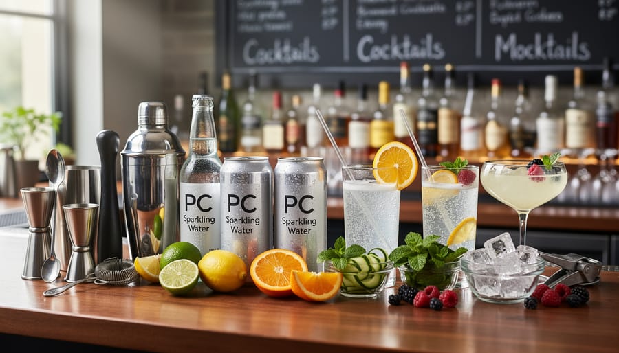 Bar tools and fresh citrus, mint, and berries arranged on a counter alongside sparkling water mixers for cocktails.