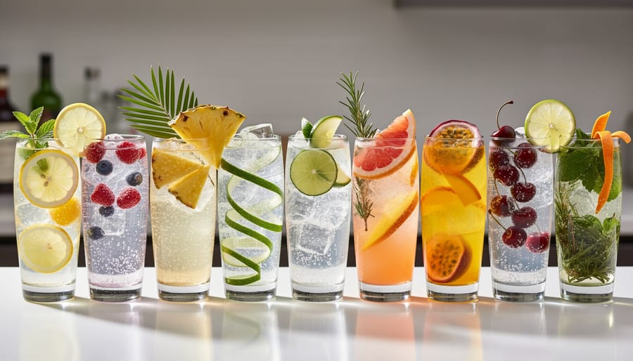 Assorted sparkling water cocktails with colorful garnishes arranged on a wooden board for tasting.