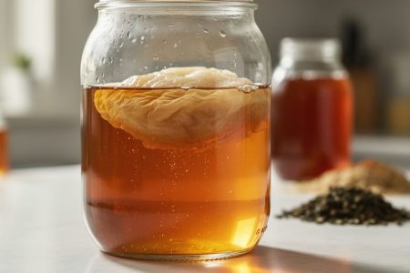 Close-up of a clear glass jar of amber kombucha showing a floating SCOBY and small bubbles from fermentation.