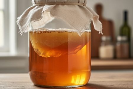 Glass kombucha jar with an amber tea surface and a floating SCOBY, covered with breathable cloth on a kitchen countertop.