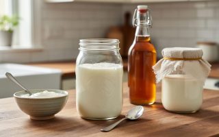 Close-up of a glass jar of homemade yogurt with a spoon, next to a small bowl for starter culture and kombucha brewing jars in the background.