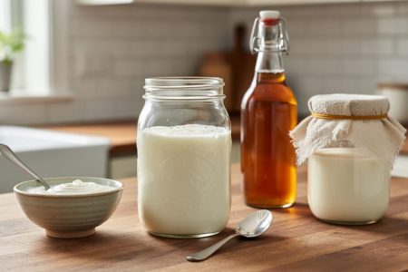 Close-up of a glass jar of homemade yogurt with a spoon, next to a small bowl for starter culture and kombucha brewing jars in the background.
