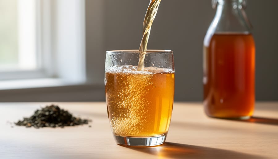 Glass of amber kombucha with visible carbonation while being poured from a bottle