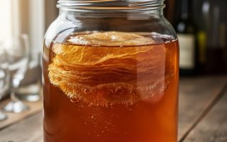 Macro close-up of a kombucha SCOBY pellicle floating on amber sweet tea in a glass jar, with warm blurred background elements.