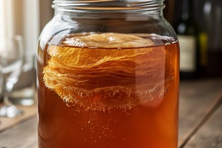 Macro close-up of a kombucha SCOBY pellicle floating on amber sweet tea in a glass jar, with warm blurred background elements.